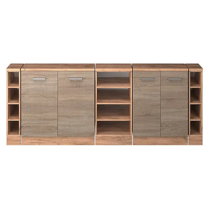 Küchenschrank für Dachschrägen R-Line 210 cm Sonoma Art.-Nr. 60261 -  - Modulare Holzschrankeinheit in heller Holzoptik, mit geschlossenen Türen mit silbernen Griffen und offenen Regalen.