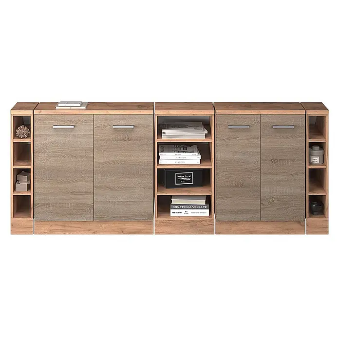Küchenschrank für Dachschrägen R-Line 210 cm Sonoma Art.-Nr. 60261 -  - Helles, holzfarbenes Modulschranksystem mit Türen und offenen Regalfächern.