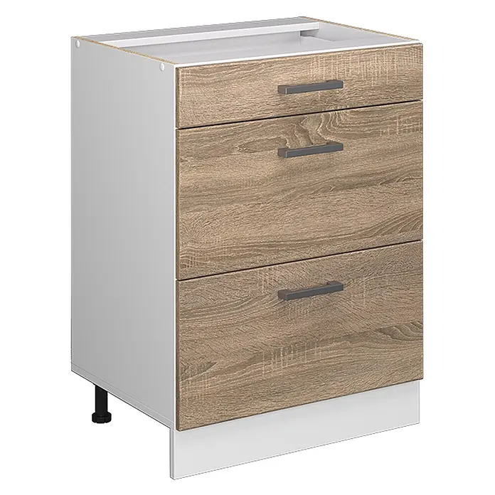 Küchenfront R-Line 59.6 cm Sonoma Art.-Nr. 37467 -  - Weißer Küchenunterschrank mit drei holzfarbenen Schubladen, grauen Griffen und weißer Sockelleiste.