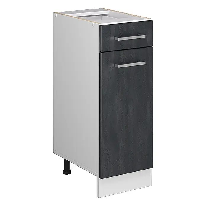 Küchenfront R-Line 29.6 cm Schwarz Beton Art.-Nr. 42833 -  - Weißer Küchenunterschrank mit dunkelgrauer Front in Holzoptik, silbernen Griffen und Sockelblende.