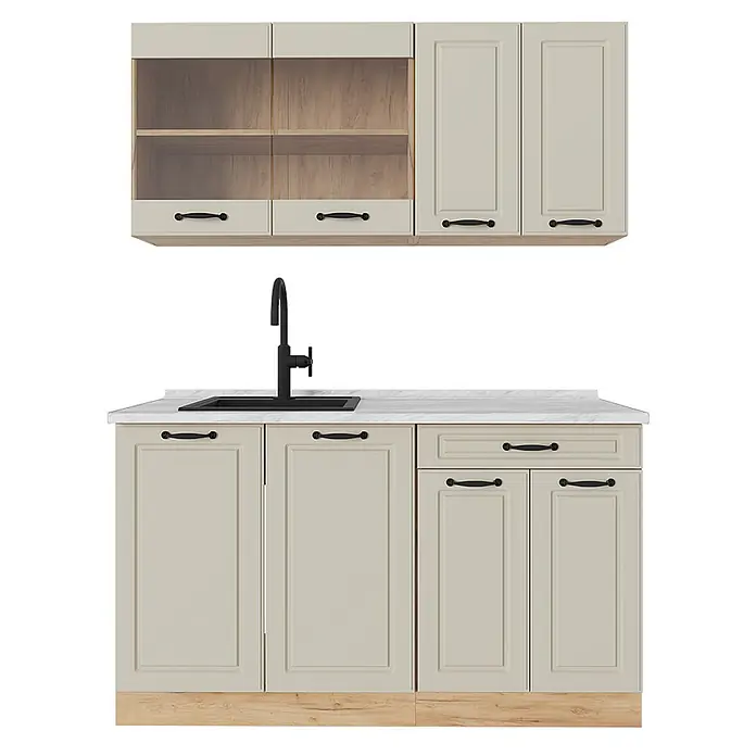 Singleküche R-Line 140 cm Sand Landhaus Art.-Nr. 71038 -  - Zweiteilige Küchenschrankgarnitur in Hellbeige mit schwarzen Griffen, weißer Marmor-Optik Arbeitsplatte und schwarzer Spüle mit Armatur.