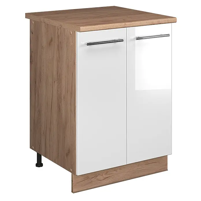 Spülenunterschrank Fame-Line 60 cm Weiß Hochglanz Art.-Nr. 65247 -  - Zweitüriger Schrank mit weißen Hochglanztüren, silbernen Griffen und heller Holzoptik-Oberfläche und Seiten.