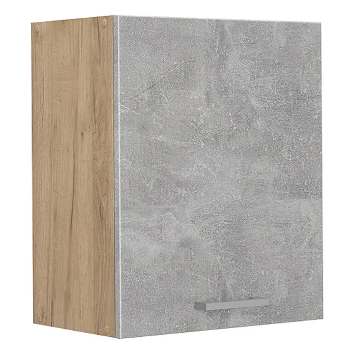 Hängeschrank R-Line 50 cm Beton Art.-Nr. 70047 -  - Wandschrank mit grauem Betoneffekt-Tür und Holzdekor-Seitenwand, mit silbernem Griff.