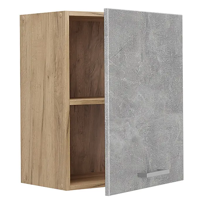 Hängeschrank R-Line 50 cm Beton Art.-Nr. 70047 -  - Ein Hängeschrank mit heller Holzoptik und grauer Betonoptik-Tür, leicht geöffnet, um zwei Holzregale und einen silbernen Griff zu zeigen.