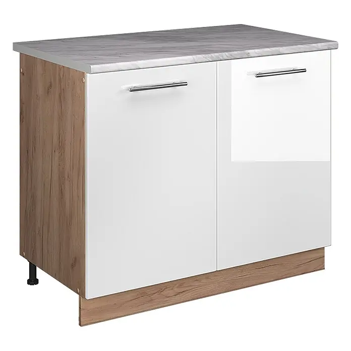 Spülenunterschrank Fame-Line 100 cm Weiß Hochglanz Art.-Nr. 65072 -  - Weißer Hochglanz Küchenunterschrank mit zwei Türen, Holzdekorseiten und grauer Marmor-Arbeitsplatte.