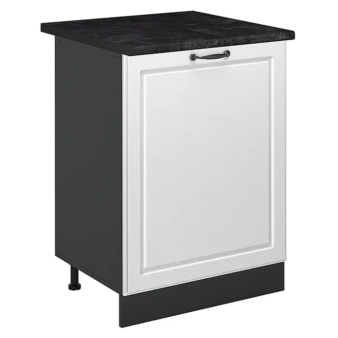 Küchenunterschrank R-Line 60 cm Weiß Landhaus Art.-Nr. 72055 -  - Weißer Küchenunterschrank mit dunkler Arbeitsplatte, dunklem Korpus und schwarzem Sockel.