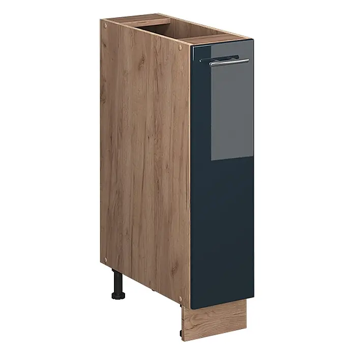 Apothekerschrank Fame-Line 20 cm Dunkelblau Hochglanz Art.-Nr. 61690 -  - Schmaler Küchenunterschrank mit hellbraunen Eiche-Optik-Seiten und einer dunkelblauen Hochglanz-Schubladenfront mit silbernem Griff.