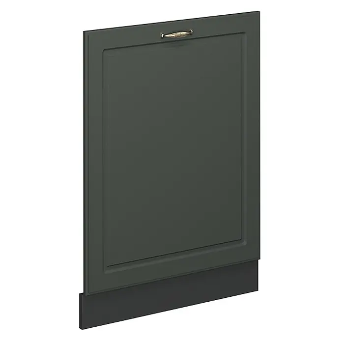 Geschirrspülblende Fame-Line 60 cm Grün-Gold Landhaus Art.-Nr. 54516 -  - Dunkelgraue Küchenschranktür mit Kassettenfront, goldenem Griff und integriertem dunklerem Sockel.