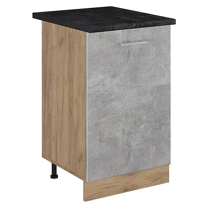Küchenunterschrank R-Line 50 cm Beton Art.-Nr. 70315 -  - Küchenunterschrank mit schwarzer Arbeitsplatte, grauer Betonoptik Front und Holzdekor Seiten sowie Sockelblende. Mit silbernem Griff.
