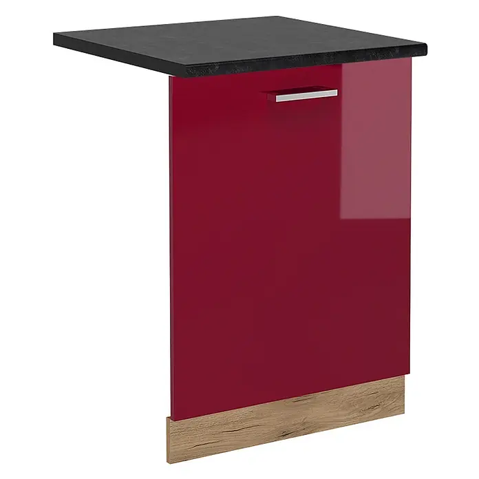 Geschirrspülblende R-Line 60 cm Rot Hochglanz Art.-Nr. 54952 -  - Kompakte Küchenzeile mit schwarzer Arbeitsplatte, glänzend roter Tür mit silbernem Griff und hellem Sockel in Holzoptik.