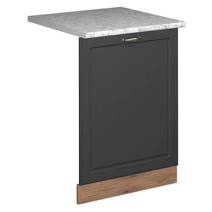 Geschirrspülblende Fame-Line 60 cm Anthrazit-Gold Landhaus Art.-Nr. 55250 -  - Dunkelgraue Küchenschranktür mit goldenem Griff, Marmor-Arbeitsplatte und Holzsockelleiste.