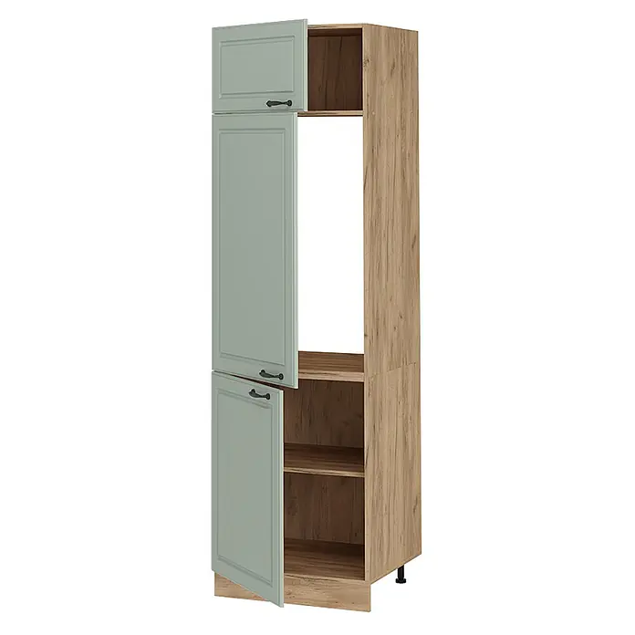 Kühlumbauschrank R-Line 60 cm Mint Landhaus Art.-Nr. 71270 -  - Hoher Küchenschrank mit hellgrünen Türen, schwarzen Griffen und Holzoptikrahmen mit offenem Mittelteil.