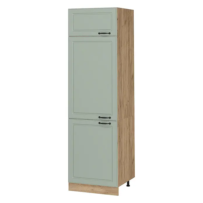 Kühlumbauschrank R-Line 60 cm Mint Landhaus Art.-Nr. 71270 -  - Hoher Küchenschrank mit drei mintgrünen Kassettentüren, hellen Holzseiten und schwarzen Griffen.