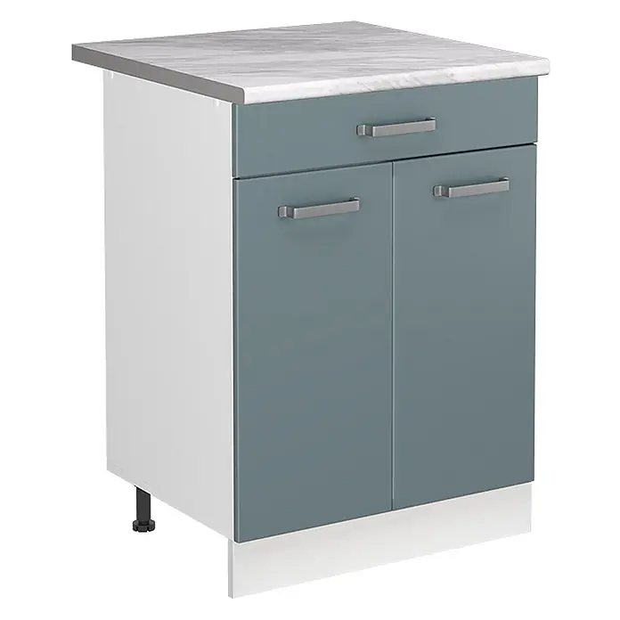 Spülenunterschrank R-Line 60 cm Blau-Grau Art.-Nr. 72998 -  - Weißer Schrank mit marmorierter Arbeitsplatte, einer staubblauen Schublade und zwei Türen mit silbernen Griffen.
