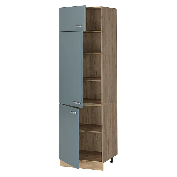 Vorratsschrank R-Line 60 cm Blau-Grau Art.-Nr. 63209 -  - Hoher Schrank mit drei blauen Türen und Holzoptik-Regalen, teilweise geöffnet.