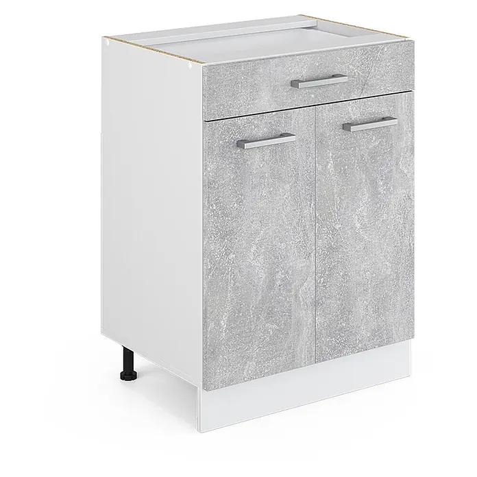 Küchenfront R-Line 59.6 cm Beton Art.-Nr. 30208 -  - Weißer Unterschrank mit grauem Betonoptik-Schubfach und zwei Türen, silbernen Griffen und verstellbaren Füßen.