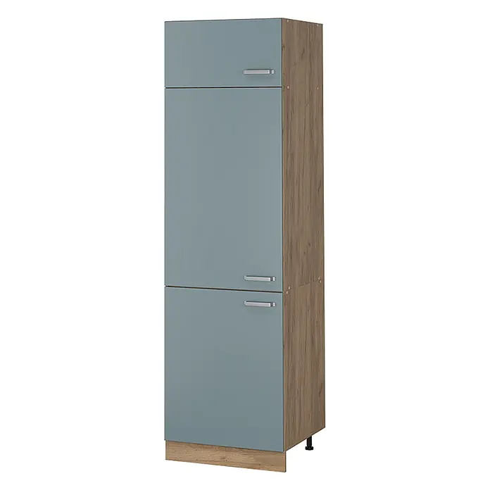 Vorratsschrank R-Line 60 cm Blau-Grau Art.-Nr. 63209 -  - Hoher Küchenschrank mit drei blaugrauen Türen, silbernen Griffen und hellen Holzmaserungs-Seitenwänden und Sockel.