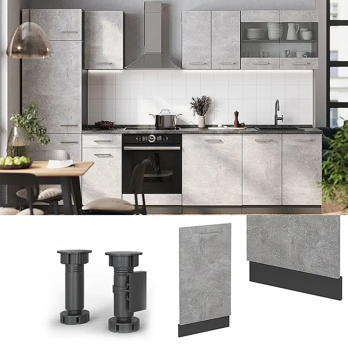 Geschirrspülblende R-Line 45 cm Beton Art.-Nr. 55020 -  - Moderne Küche mit grauen Betonoptik-Schränken, integrierten Geräten. Detailaufnahmen zeigen schwarze verstellbare Sockelfüße und passende Sockelblenden.