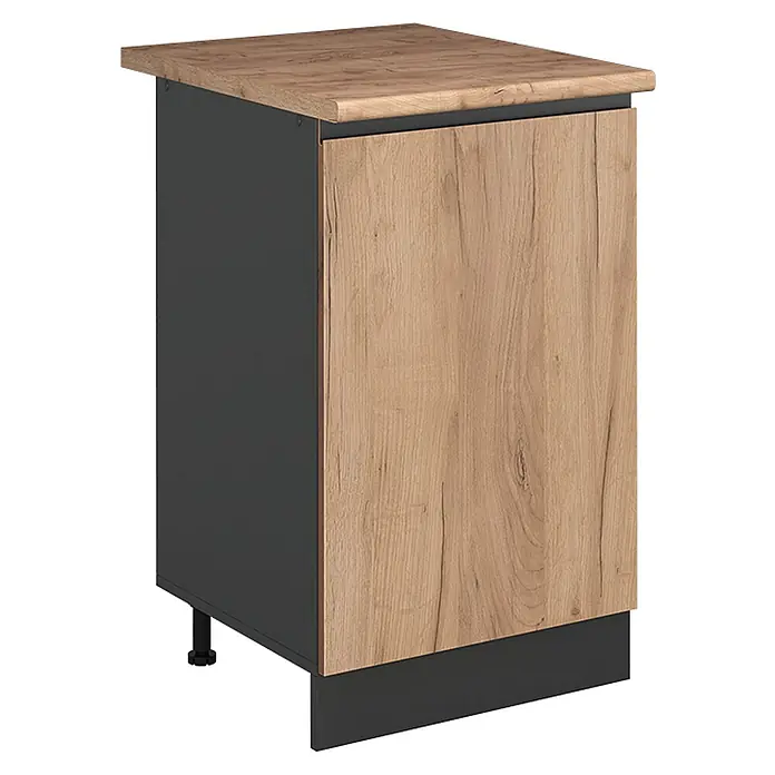 Küchenunterschrank R-Line 50 cm Goldkraft Eiche Art.-Nr. 70205 -  - Zweifarbiger Unterschrank mit heller Holzoptik-Platte/Tür, dunkelgrauem Korpus & Sockelleiste. Mit verstellbaren Füßen.