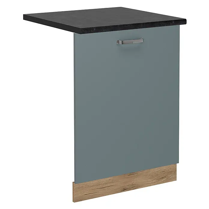 Geschirrspülblende R-Line 60 cm Blau-Grau Art.-Nr. 54988 -  - Integrierte Geschirrspülerfront in Blau-Grau mit schwarzer Arbeitsplatte, silbernem Griff und Holzsockel.