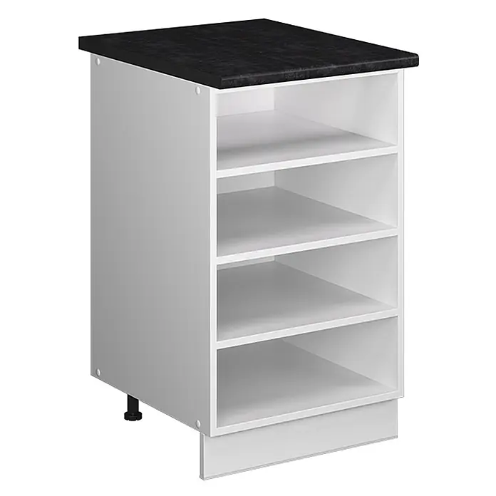 Küchenregal Fame-Line 50 cm Weiß Art.-Nr. 65819 -  - Weißer offener Unterschrank mit schwarzer Arbeitsplatte, vier Regalböden und Sockel.