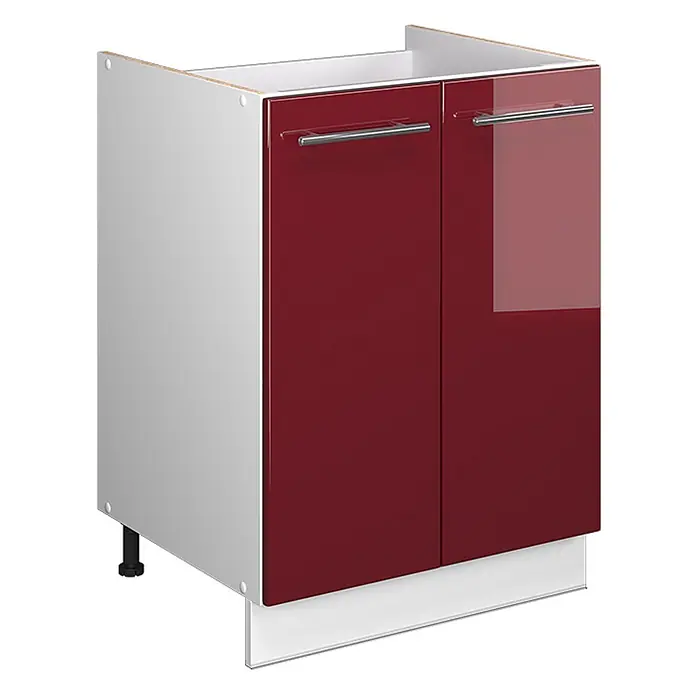 Spülenunterschrank Fame-Line 60 cm Bordeaux Hochglanz Art.-Nr. 65081 -  - Glänzender roter Küchenunterschrank mit zwei Türen, silbernen Griffen und hellgrauer Seitenwand, für die Küche.