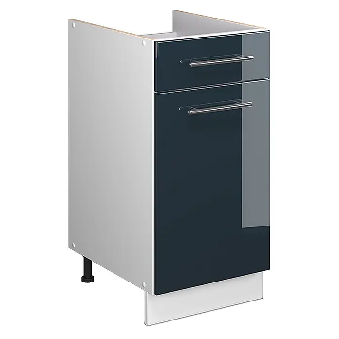 Küchenunterschrank Fame-Line 40 cm Dunkelblau Hochglanz Art.-Nr. 60924 -  - Dunkelblauer Küchenunterschrank mit zwei glänzenden Fronten, Chromgriffen und hellgrauen Seiten auf verstellbaren Füßen mit Sockelleiste.
