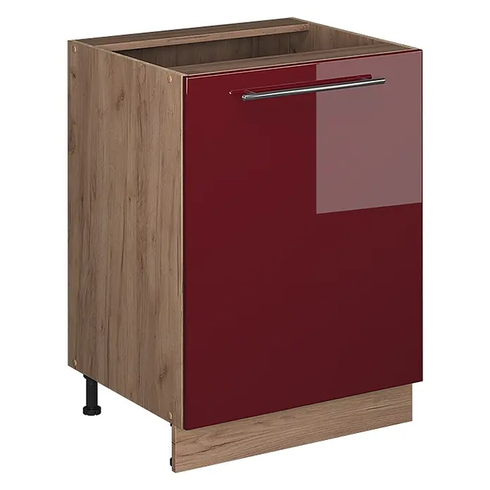 Küchenunterschrank Fame-Line 60 cm Bordeaux Hochglanz Art.-Nr. 65205 -  - Küchenunterschrank mit Holzdekor-Seitenwand, glänzender roter Tür und silbernem Griff. Mit passendem Sockel.