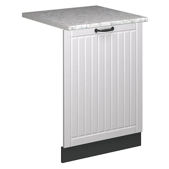 Geschirrspülblende Fame-Line 60 cm Weiß Landhaus Art.-Nr. 55245 -  - Weißer, geriffelter Schrank mit gemusterter grauer Arbeitsplatte, schwarzem Griff und dunkelgrauem Sockel.