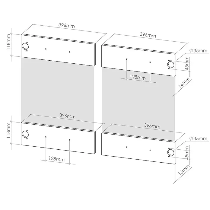 Küchenfront R-Line 79.2 cm Sonoma Art.-Nr. 29596 -  - Technische Zeichnung mit Maßen von vier identischen rechteckigen Paneelen: Länge (396mm), Höhe (118mm), Tiefe (16mm) und Lochangaben.