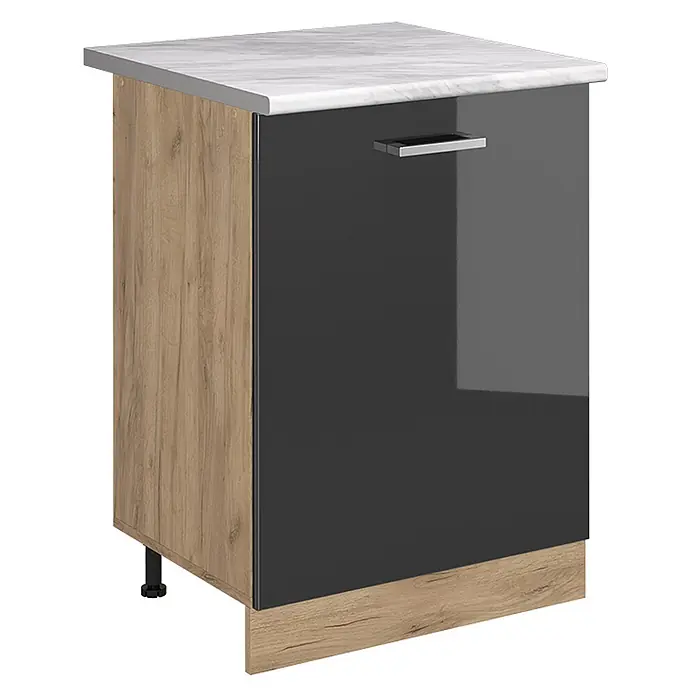 Küchenunterschrank R-Line 60 cm Anthrazit Hochglanz Art.-Nr. 72149 -  - Dunkelgrauer Hochglanz-Küchenunterschrank mit weißer Marmor-Arbeitsplatte, Holzmaserungsseiten und silbernem Griff.