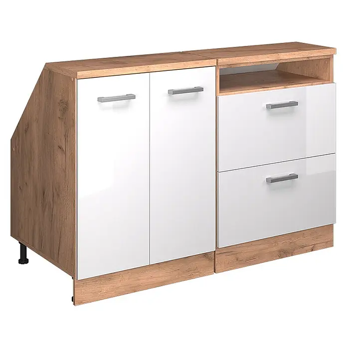 Küchenschrank für Dachschrägen R-Line 120 cm Weiß Hochglanz Art.-Nr. 60249 -  - Schrank in Weiß Hochglanz und Holzoptik mit zwei Türen, zwei Schubladen und offenem Fach, links abgeschrägt.