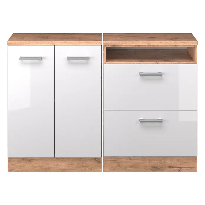 Küchenschrank für Dachschrägen R-Line 120 cm Weiß Hochglanz Art.-Nr. 60249 -  - Weiß glänzendes Aufbewahrungsmöbel mit heller Holzoptik-Oberseite/-Basis. Mit zwei Türen, zwei Schubladen und einem offenen Fach mit silbernen Griffen.