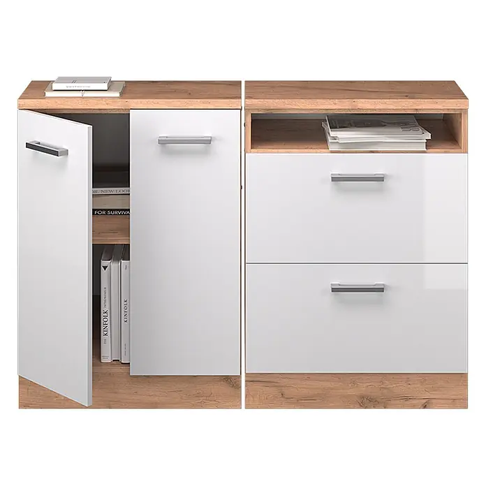 Küchenschrank für Dachschrägen R-Line 120 cm Weiß Hochglanz Art.-Nr. 60249 -  - Modernes Sideboard in Weiß Hochglanz und heller Holzoptik mit Schrankteil, zwei Schubladen und offenem Fach.