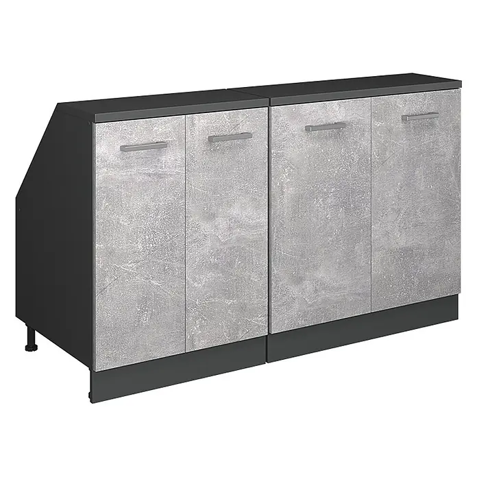Küchenschrank für Dachschrägen R-Line 140 cm Beton Art.-Nr. 60521 -  - Modulares Schrankelement mit dunkelgrauem Korpus und hellgrauen Türen in Betonoptik mit silbernen Griffen.
