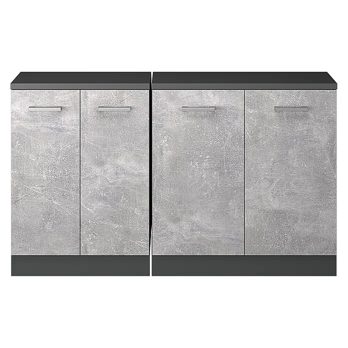 Küchenschrank für Dachschrägen R-Line 140 cm Beton Art.-Nr. 60521 -  - Zwei graue Sideboards in Betonoptik mit dunklen Platten und silbernen Griffen.