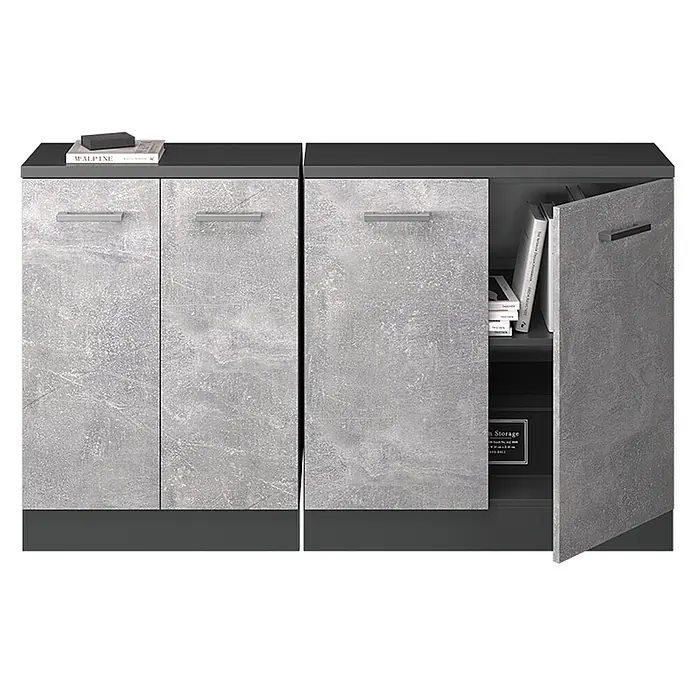 Küchenschrank für Dachschrägen R-Line 140 cm Beton Art.-Nr. 60521 -  - Grauer Betondekor-Schrank mit dunkelgrauen Akzenten, ein Fach geschlossen, eine Tür offen mit Büchern und einer Aufbewahrungsbox.