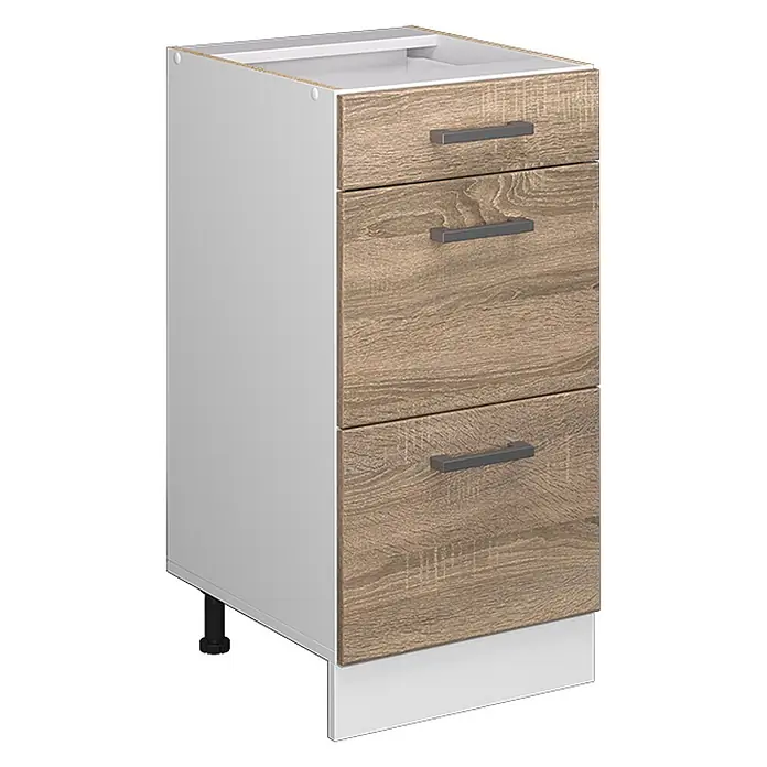 Küchenfront R-Line 39.6 cm Sonoma Art.-Nr. 37442 -  - Weißer Schrank mit drei hellen Holzoptik-Schubladen und dunkelgrauen Griffen, auf verstellbaren schwarzen Füßen mit weißem Sockel.