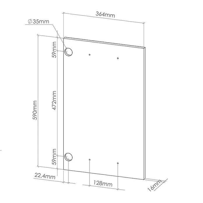 Küchenfront R-Line 36.4 cm Beton Art.-Nr. 30219 -  - Technische Zeichnung einer rechteckigen Platte mit Gesamtmaßen, zwei großen Ø35mm Löchern und vier kleineren Löchern samt deren Platzierung.