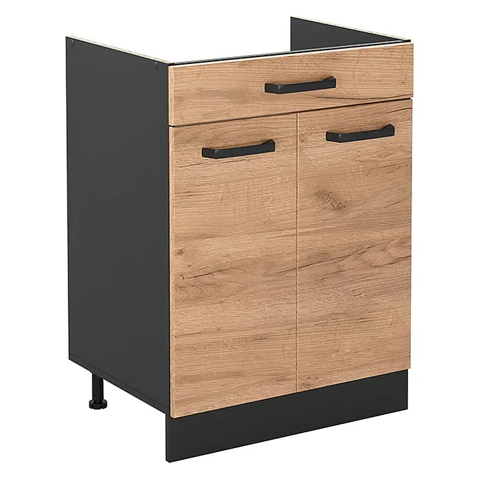 Küchenunterschrank R-Line 60 cm Goldkraft Eiche Art.-Nr. 61097 -  - Küchenunterschrank mit dunkelgrauem Korpus, heller Eiche-Effekt-Schublade, zwei Türen, schwarzen Griffen und Sockel.