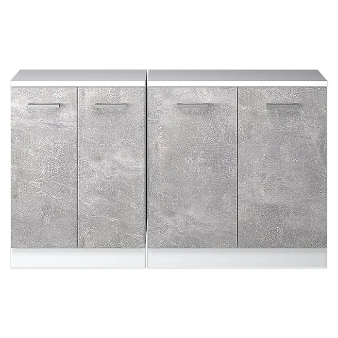 Küchenschrank für Dachschrägen R-Line 140 cm Beton Art.-Nr. 59948 -  - Zwei graue Schränke im Beton-Look, jeweils mit zwei Türen, silbernen Griffen und weißen Ober- und Unterseiten.