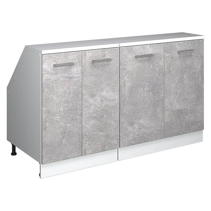 Küchenschrank für Dachschrägen R-Line 140 cm Beton Art.-Nr. 59948 -  - Modulare grau-weiße Unterschrankeinheit mit Betonoptik-Türen, abgeschrägter Seite und silbernen Griffen.