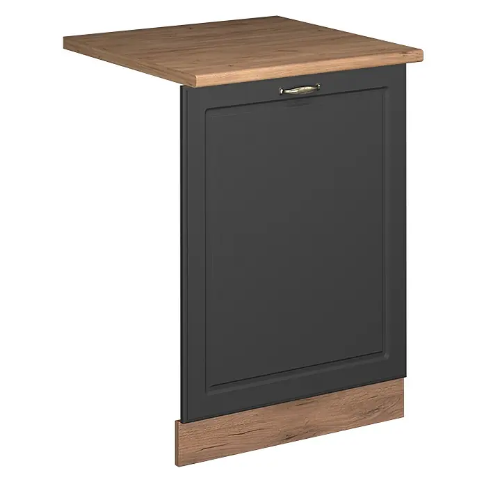 Geschirrspülblende Fame-Line 60 cm Anthrazit-Gold Landhaus Art.-Nr. 55249 -  - Küchenunterschrank mit Eichenholz-Optik-Platte und Sockel, dunkelgrauer Front und Metallgriff.