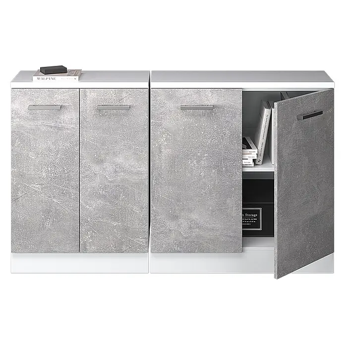 Küchenschrank für Dachschrägen R-Line 140 cm Beton Art.-Nr. 59948 -  - Graues Betonoptik-Schrankset mit weißem Sockel, eine Tür geöffnet mit Büchern.