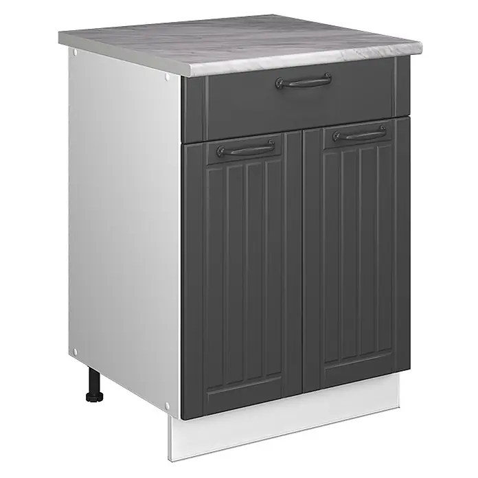 Küchenunterschrank Fame-Line 60 cm Dunkelgrau Art.-Nr. 60972 -  - Dunkelgrauer Küchenunterschrank mit gerillten Türen, Schublade, dunklen Griffen und grauer Marmor-Arbeitsplatte.