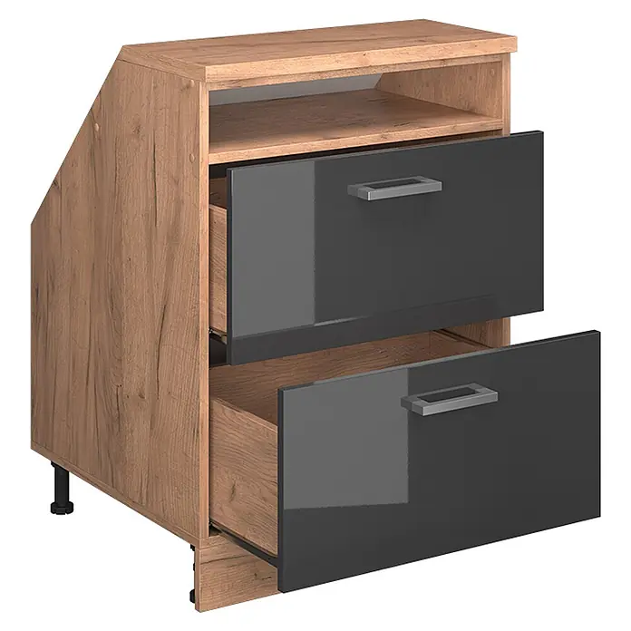 Vicco Küchenschrank für Dachschrägen R-Line, Anthrazit Hochglanz, 60 cm -  - Nachttischschrank in Holzoptik mit angeschrägter Seite und zwei dunkelgrauen, glänzenden Schubladen, eine offen.