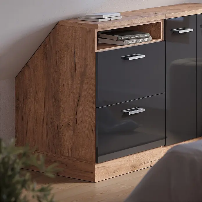 Vicco Küchenschrank für Dachschrägen R-Line, Anthrazit Hochglanz, 60 cm -  - Zweifarbiger Schrank mit Holzmaserung und dunkelgrauen Hochglanzschubladen, für Dachschrägen konzipiert.