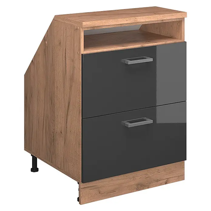 Vicco Küchenschrank für Dachschrägen R-Line, Anthrazit Hochglanz, 60 cm -  - Holz-Optik Nachttisch mit zwei Schubladen, offenem Fach, glänzenden anthrazitfarbenen Fronten und schräger linker Seite.