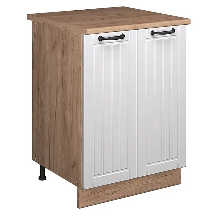 Spülenunterschrank Fame-Line 60 cm Weiß Landhaus Art.-Nr. 65251 -  - Zweitüriger Küchenunterschrank mit heller Holzoptik-Arbeitsplatte/Seiten, weißen Paneeltüren und schwarzen Griffen.