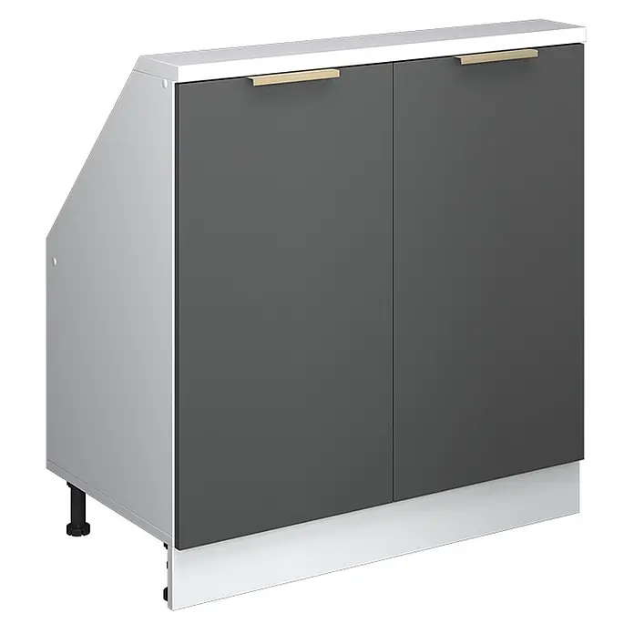 Küchenschrank für Dachschrägen R-Line 80 cm Anthrazit-Gold Art.-Nr. 60639 -  - Dunkelgrauer zweitüriger Unterschrank mit goldenen Griffen, weißer Platte und schräger hellgrauer Seite.